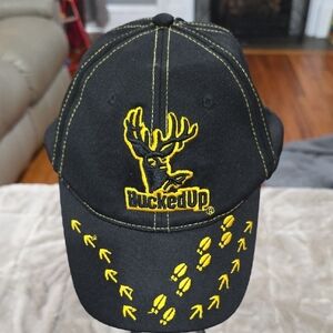 Bucked Up Mens Ball Cap Hat Black W/Gold Embroidery Deer Hunting Hook & Loop GUC